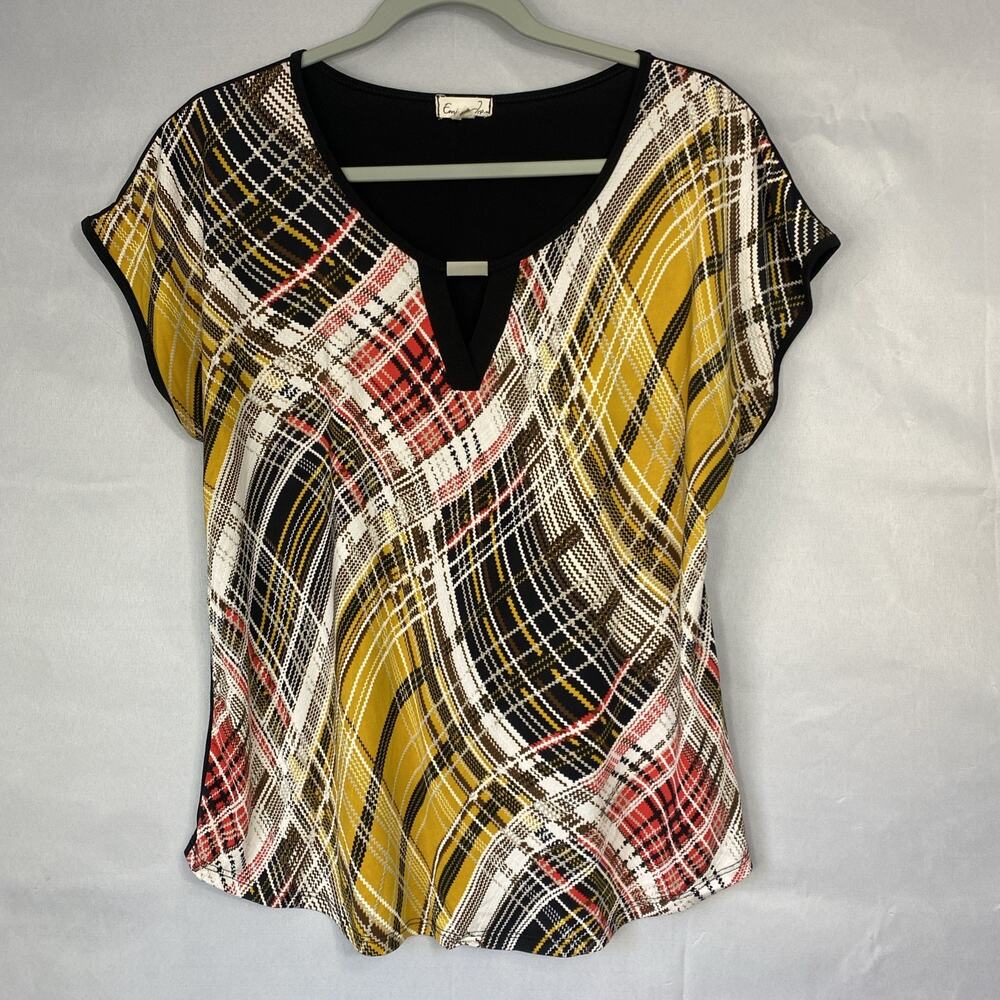 Emi & Joe Top Womens L Stretch Dolman SS Black Colorful Print Blouse Plaid